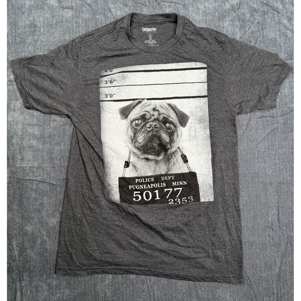 Chemistry Pug Mugshot Graphic T Shirt Mens Medium Gray Funny Dog Pugneapolis Tee